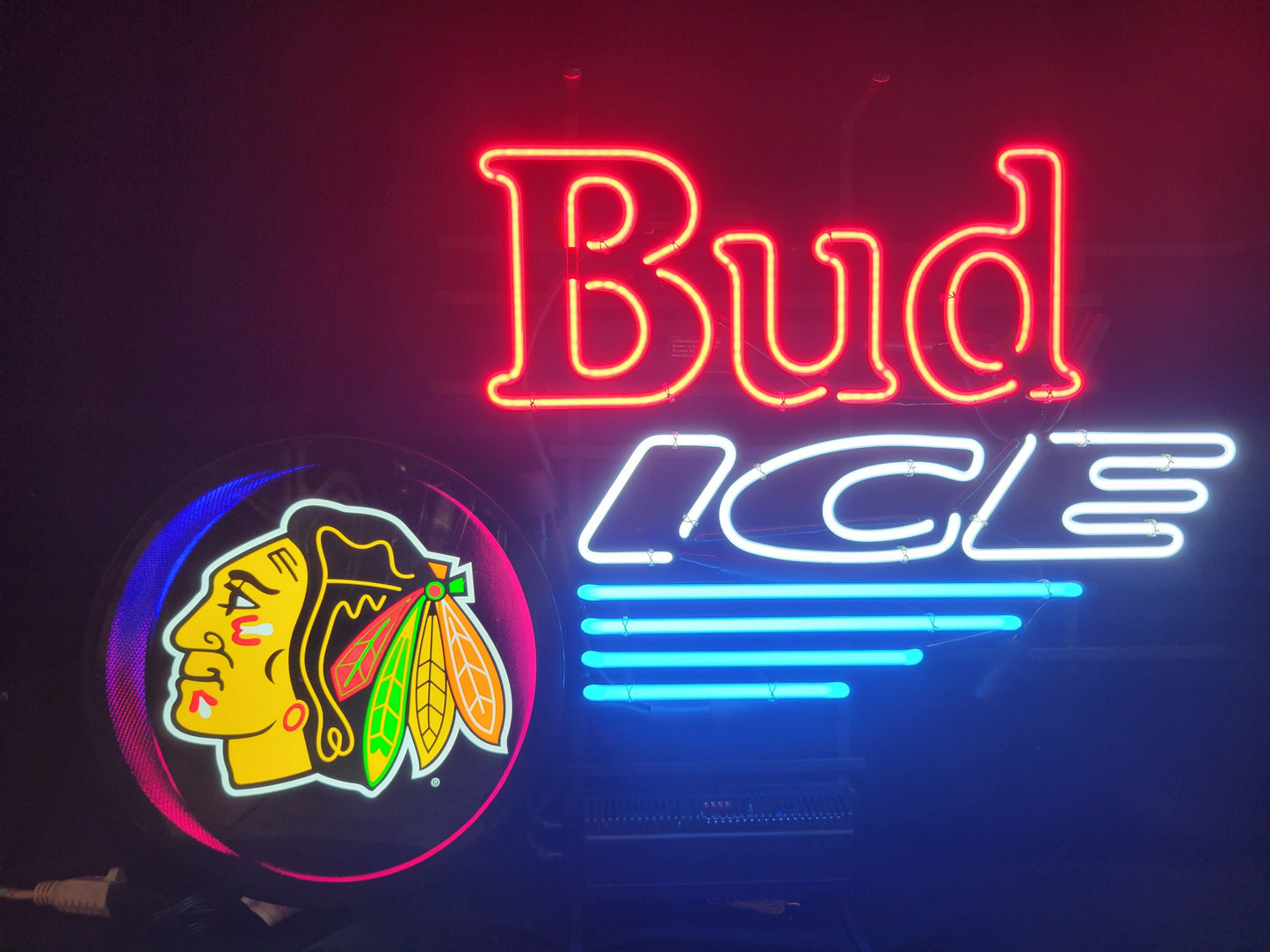 Bud Ice Privilege Neon Sign w/ Blackhawk Face