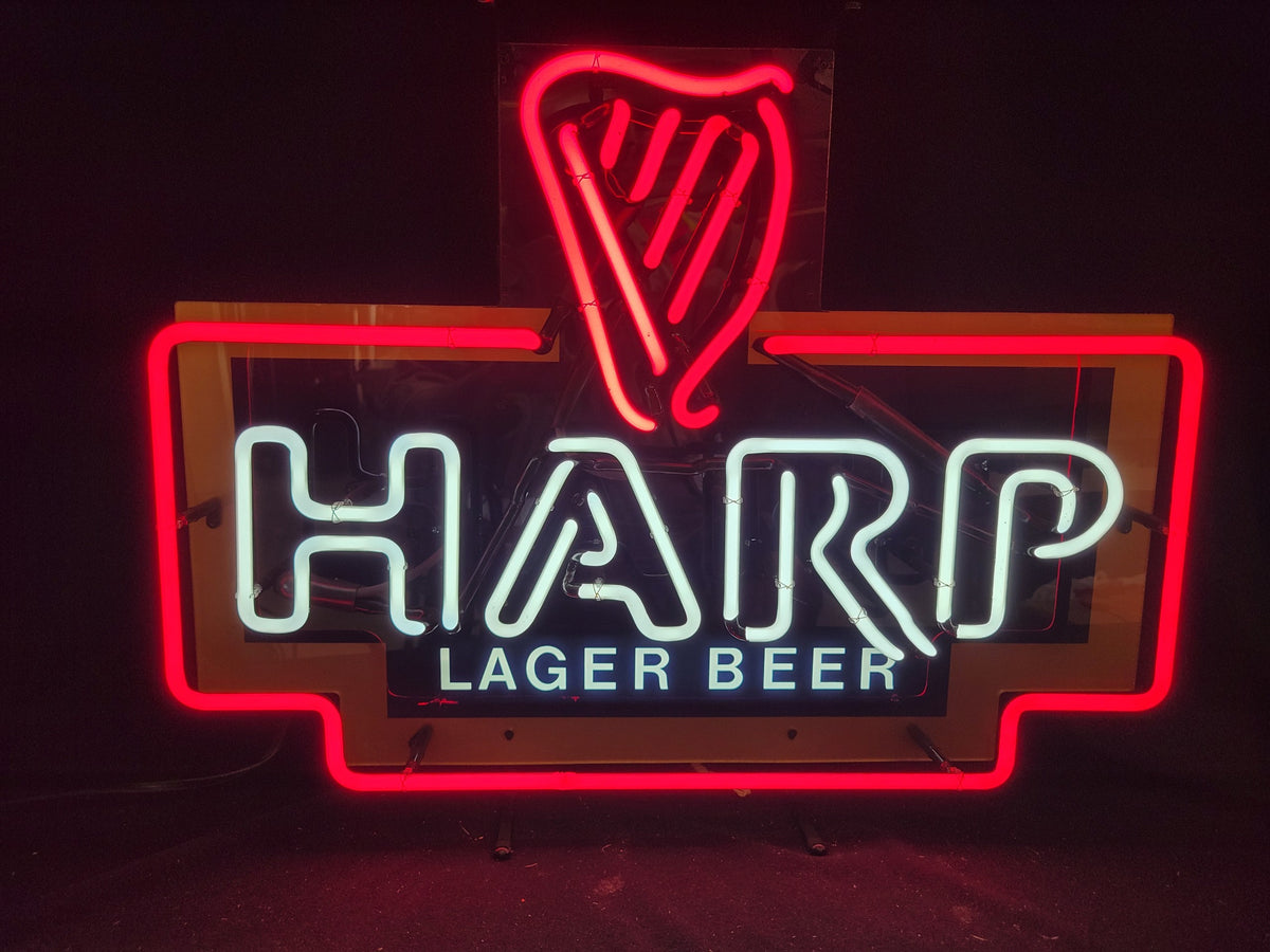 Harp Stock Sign Harp Border Harp Plex Neon Sign (White & Ruby) โ Pub Decor